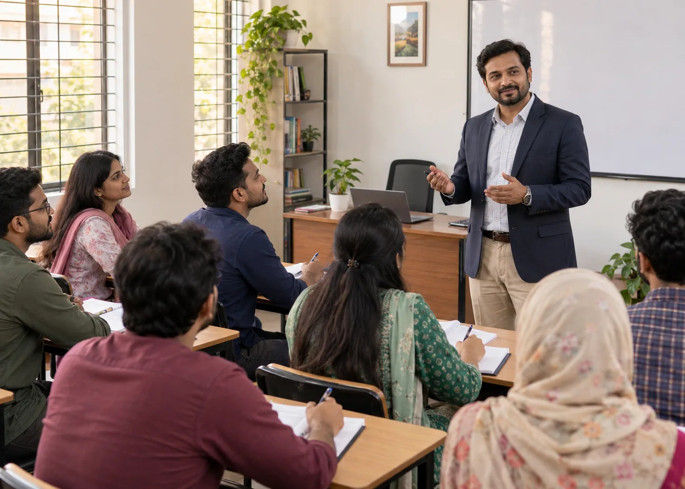 An IELTS teacher taking a class at a coaching centre