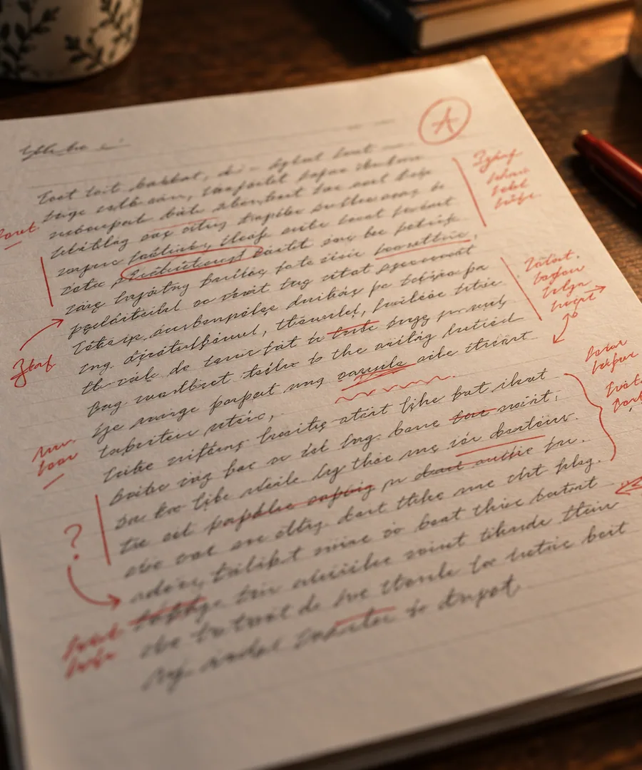 A handwritten essay marked in red by an examiner