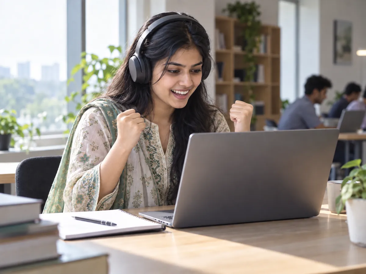 A student with headphones celebrating her IELTS mock test result on a laptop