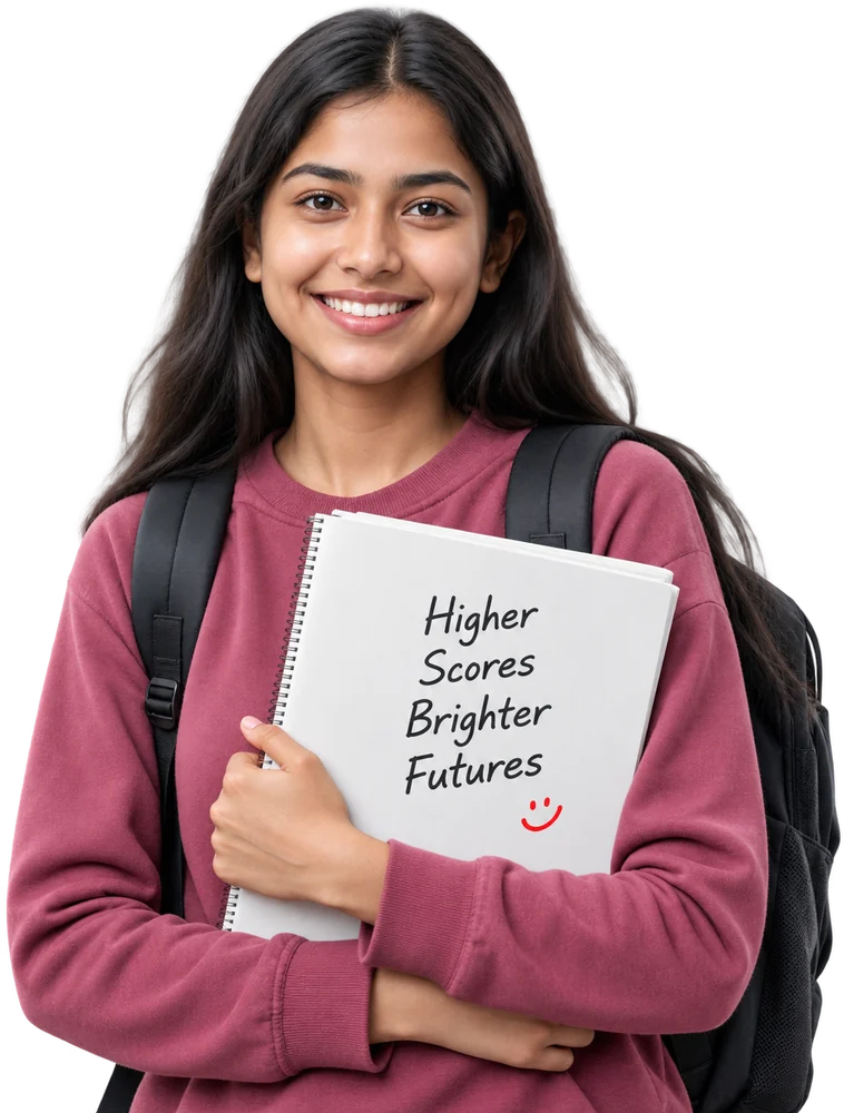 IELTS student holding a notebook that reads: higher scores, brighter futures
