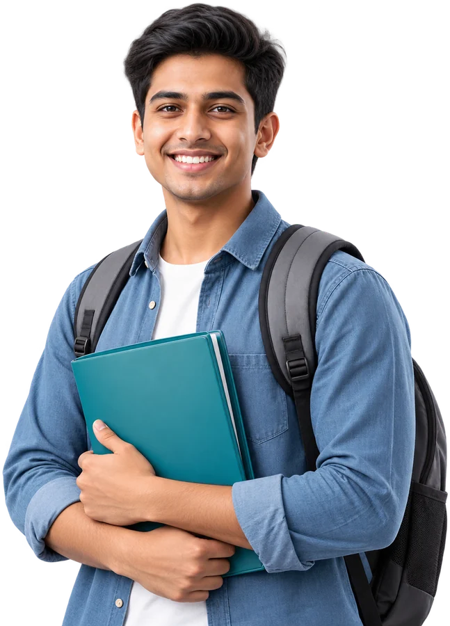 Male IELTS student holding study folders
